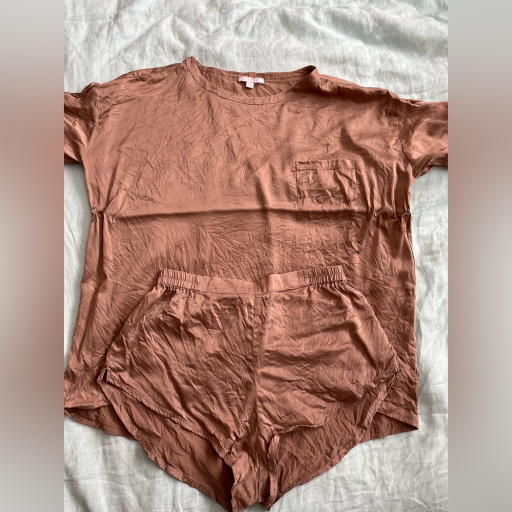 Lunya silk t shirt and shorts pajama loungewear set